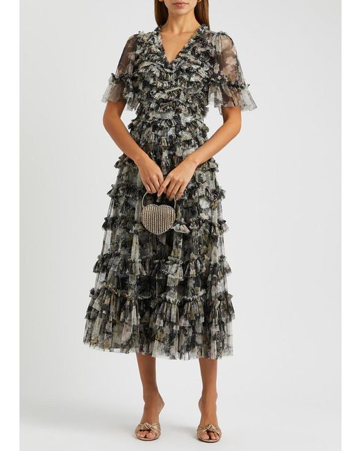 Needle & Thread Gray Moonlight Petals Floral-print Tulle Midi Dress