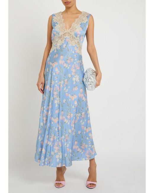 Rixo Blue Lysandra Floral-Print Satin Midi Dress