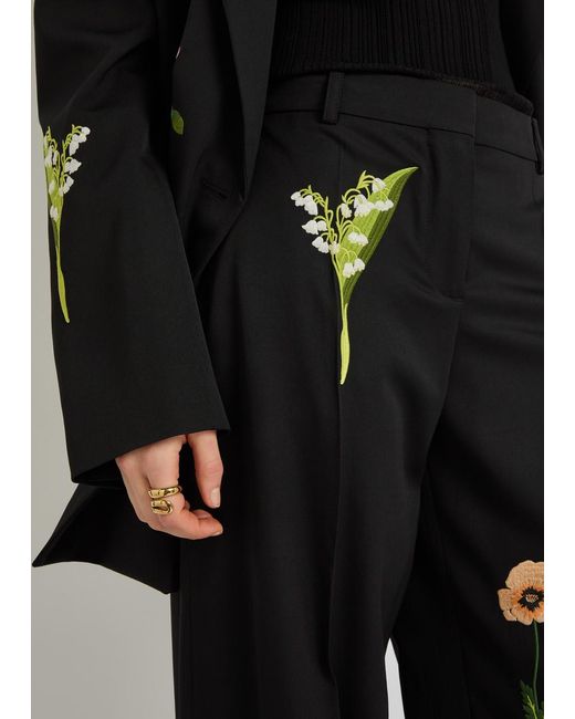 Stella McCartney Black Floral-Embroidered Straight-Leg Trousers