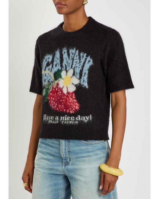 Ganni Black Intarsia Brushed Alpaca-Blend T-Shirt