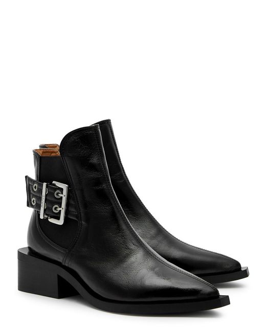Ganni Black 50 Buckle-embellished Leather Chelsea Boots
