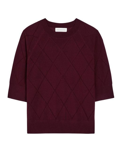 Dries Van Noten Red Tuan Diamond-Stitch Merino Wool Top