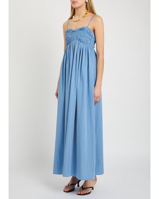 Faithfull The Brand Blue Presa Pinstriped Cotton Maxi Dress