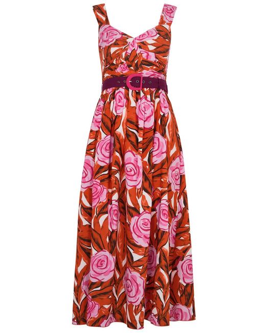 Diane von Furstenberg Red Elisa Floral-Print Cotton-Blend Midi Dress