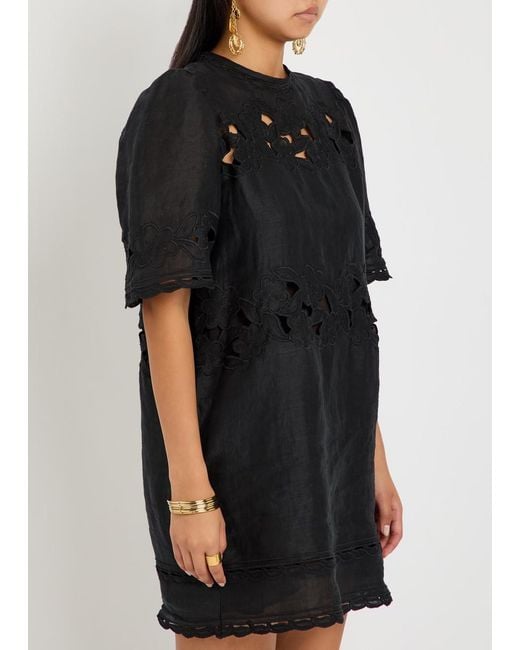 Isabel Marant Black Reldine Floral-Embroidered Ramie Mini Dress