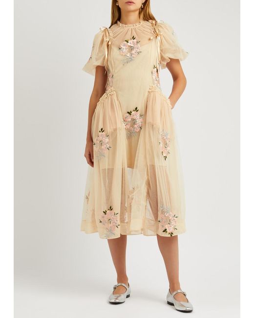 Simone Rocha Natural Floral-embroidered Tulle Midi Dress