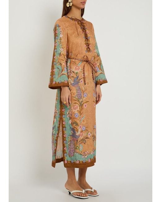 Zimmermann Natural Indra Belted Printed Linen Midi Tunic Dress