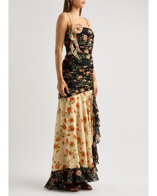 De La Vali Black Rosado Floral-Print Ruched Chiffon Maxi Dress