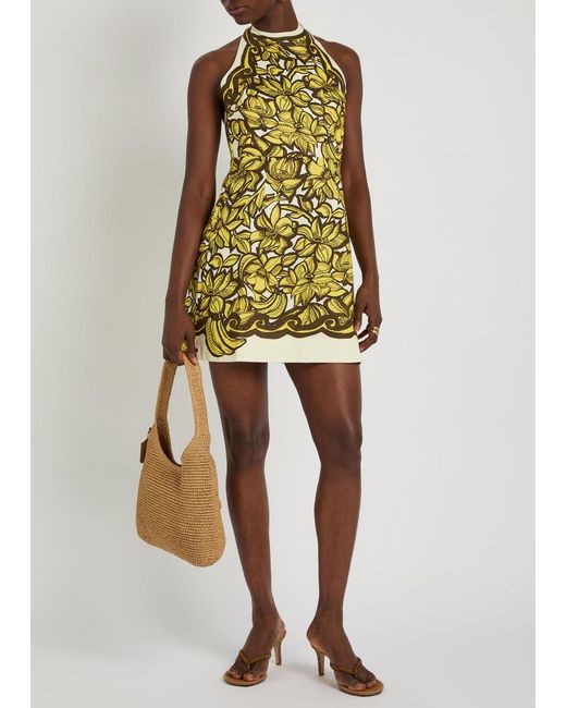 ALÉMAIS Yellow Mona Printed Halterneck Hemp Mini Dress