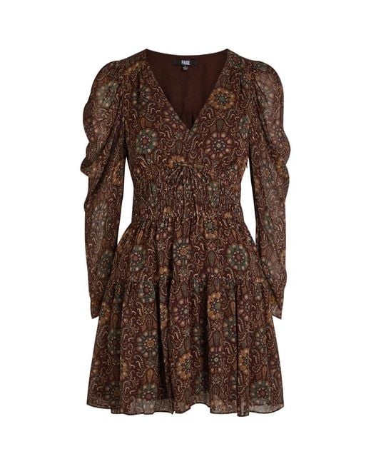 PAIGE Brown Aries Patterned Silk Mini Dress