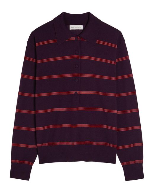 Dries Van Noten Purple Tuno Striped Merino Wool Polo Top