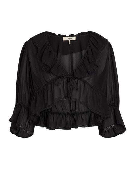 Chloé Black Ruffled Cropped Silk-Chiffon Top