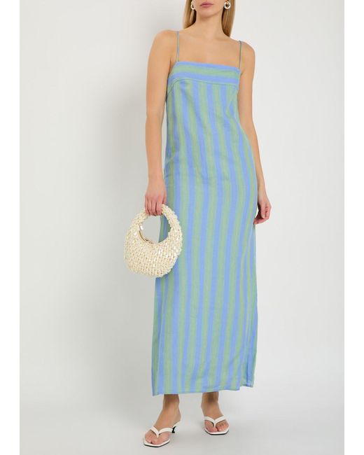 Staud Blue Laura Striped Linen Midi Dress