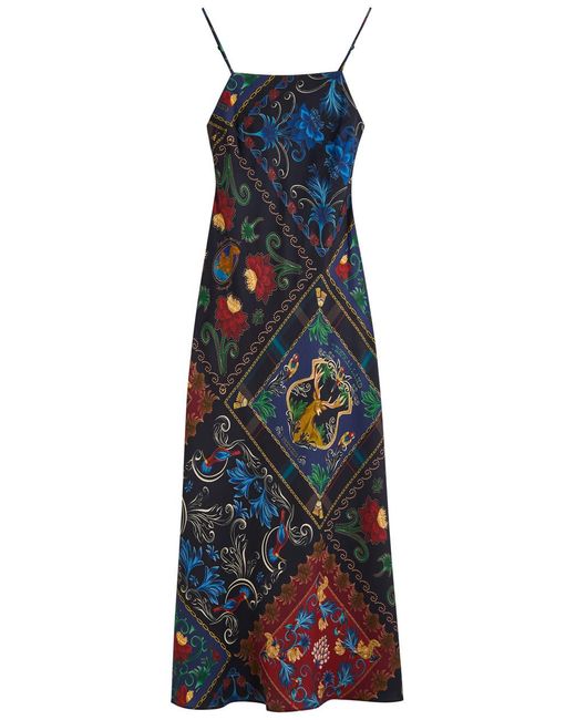 Farm Rio Blue Printed Satin Maxi Slip Dress