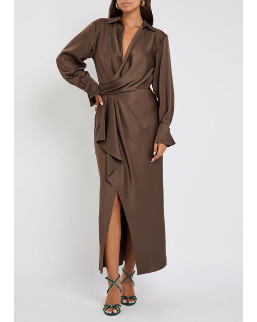 Jonathan Simkhai Brown Talita Wrap-Effect Draped Satin Midi Dress