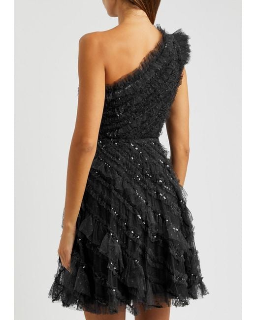 Needle & Thread Black Spiral Sequin-embellished Tulle Mini Dress