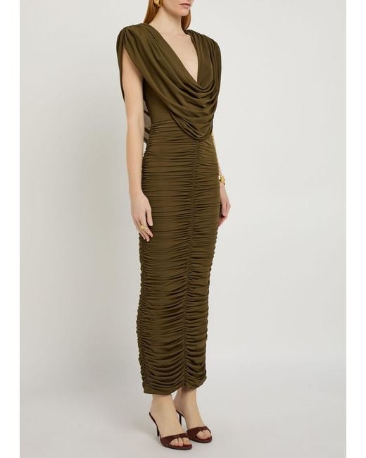 Ronny Kobo Green Parish Cowl-Neck Ruched Stretch-Mesh Midi Dress