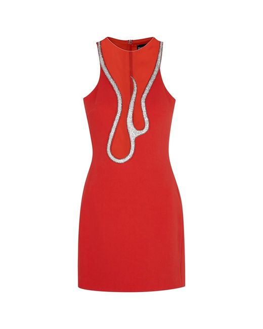 David Koma Red Crystal-Embellished Tulle-Panelled Mini Dress