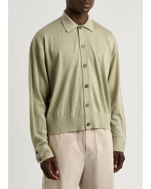 AMI Green Logo-Embroidered Wool Cardigan for men