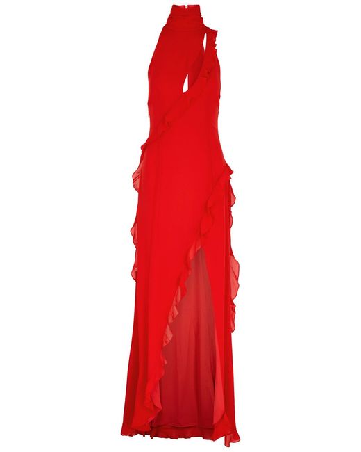 De La Vali Red Parfait Ruffled Chiffon Maxi Dress