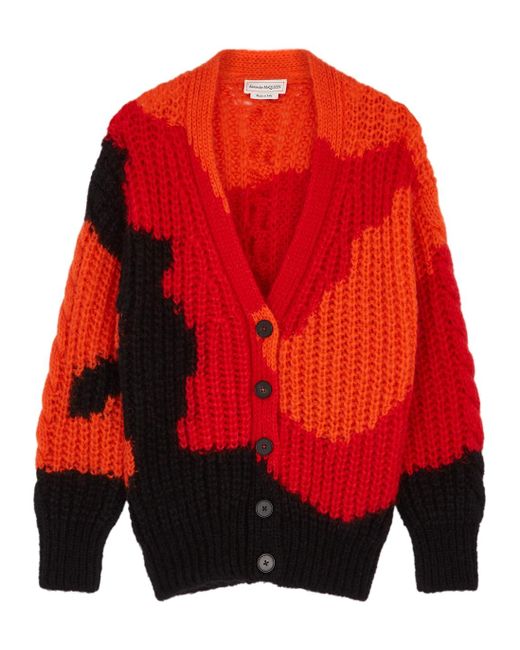 Alexander McQueen Synthetic Red Intarsia Mohair-blend Cardigan | Lyst