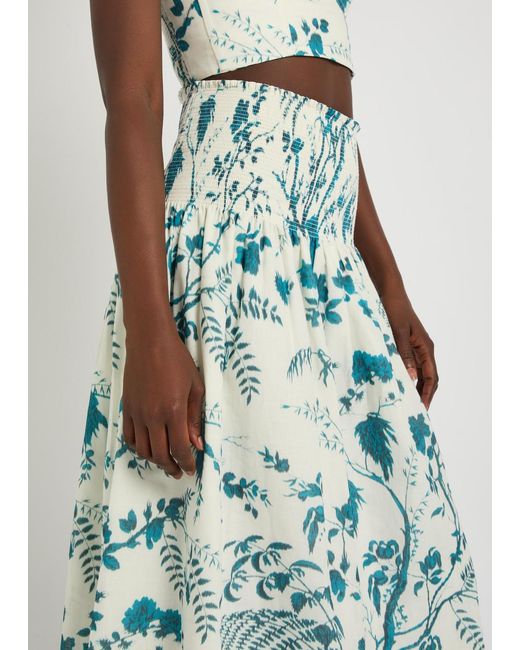 Erdem Blue Floral-Print Cotton And Linen-Blend Midi Skirt