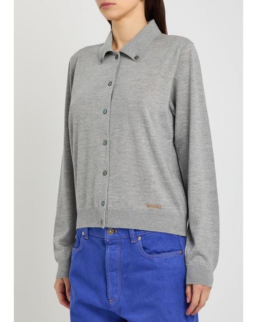 Versace Gray Logo-Embroidered Wool Cardigan