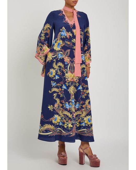 Etro Blue Printed Scarf-Effect Silk Maxi Dress