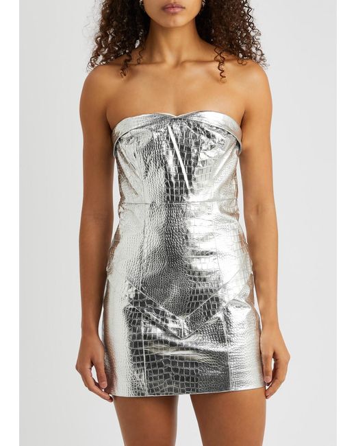 ROTATE BIRGER CHRISTENSEN White Crocodile-effect Metallic Faux Leather Mini Dress