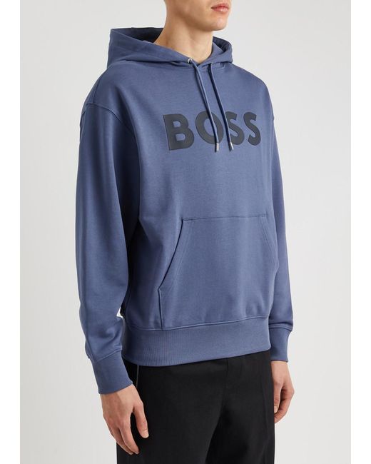 Boss Blue Logo Hooded Cotton Sweatshirt for men