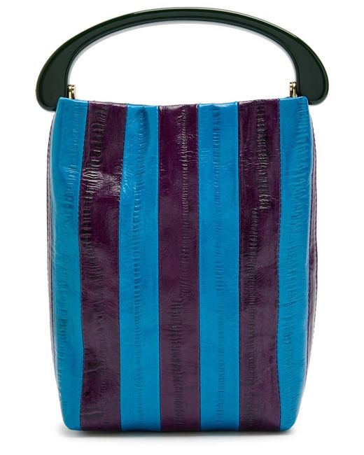 Dries Van Noten Blue Crisp Striped Glossed Leather Top Handle Bag