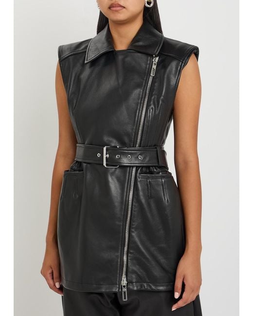 Sportmax Black Belted Leather Biker Vest Jacket