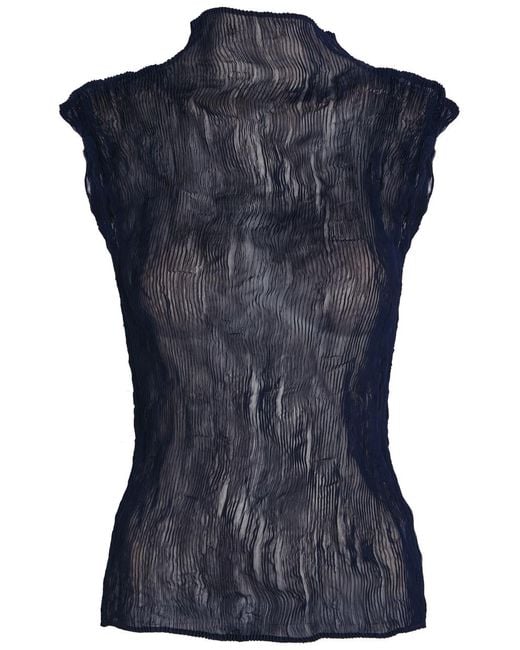 Issey Miyake Blue Twist Pleated Semi-Sheer Chiffon Top