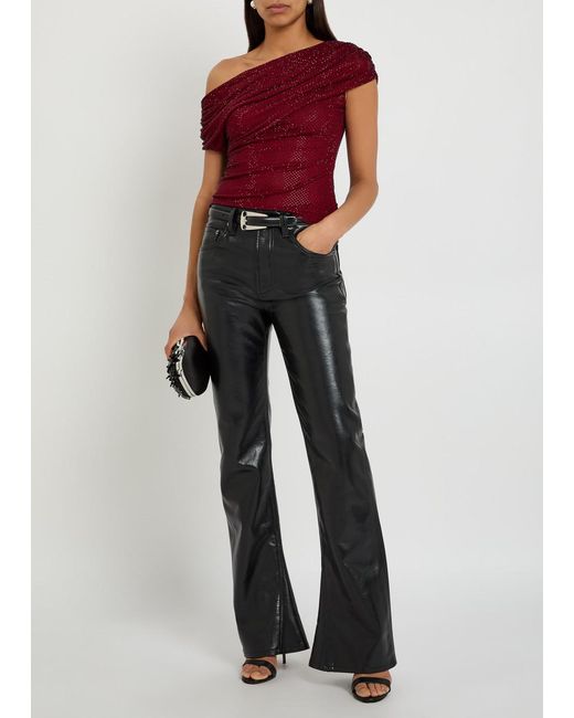 Self-Portrait Red Rhinestone-Embellished Draped Stretch-Mesh Top