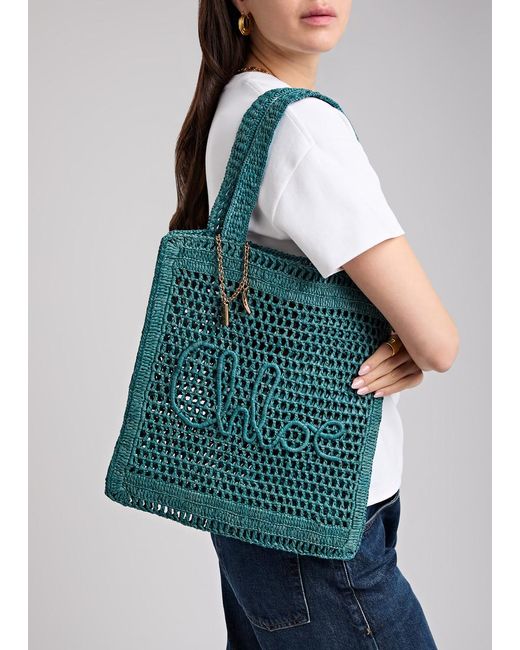 Chloé Blue Summer Banana Logo Raffia Tote