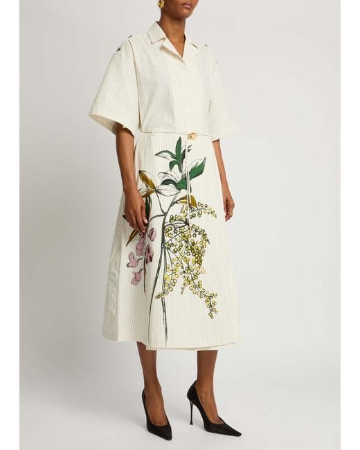 Stine Goya White Striped Printed Cotton Midi Shirt Dress