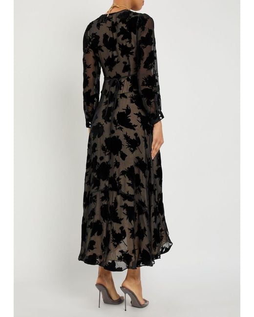 Rixo Black Avalyn Velvet-Devoré Chiffon Midi Dress