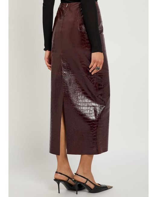 Nour Hammour Purple Elyse Crocodile-Effect Leather Midi Skirt