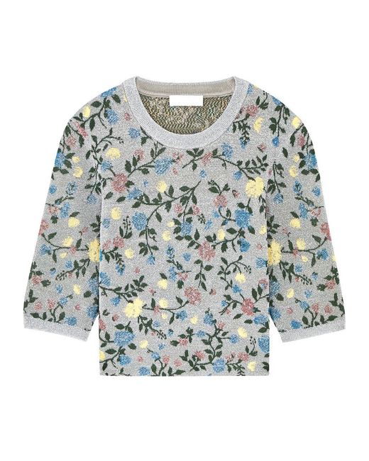 Rabanne Blue Glittered Floral-jacquard Knitted Top