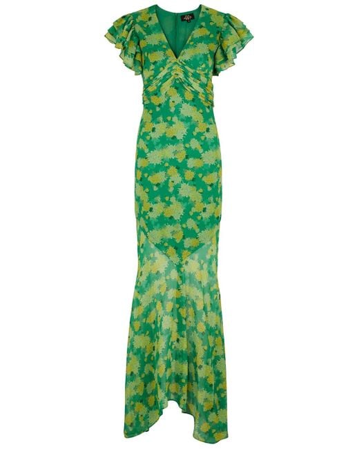 De La Vali Palmera Green Floral-print Chiffon Maxi Dress