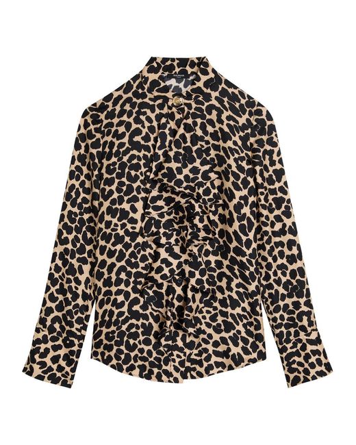 Balmain Black Leopard-Print Silk Blouse