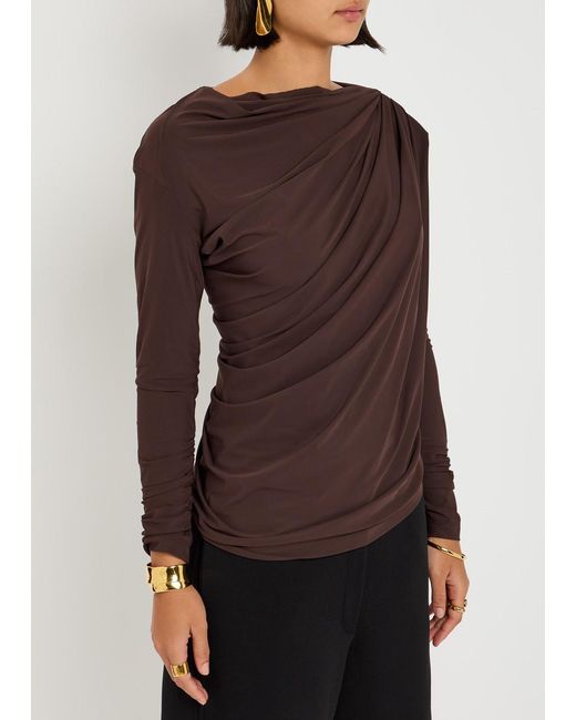 High Brown Aslant Draped Stretch-Jersey Top