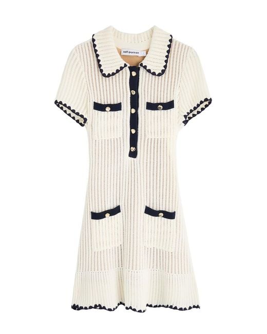 Self-Portrait White Pointelle-Knit Cotton-Blend Mini Dress