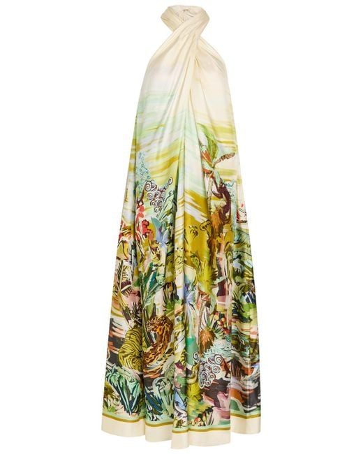 ALÉMAIS Yellow Jungle Boogie Printed Halterneck Silk Maxi Dress