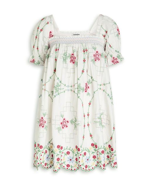 Damson Madder White Lulu Floral-Embroidered Cotton Mini Dress
