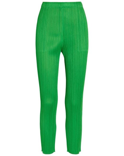 Pleats Please Issey Miyake Green Pleated Tapered-Leg Woven Trousers
