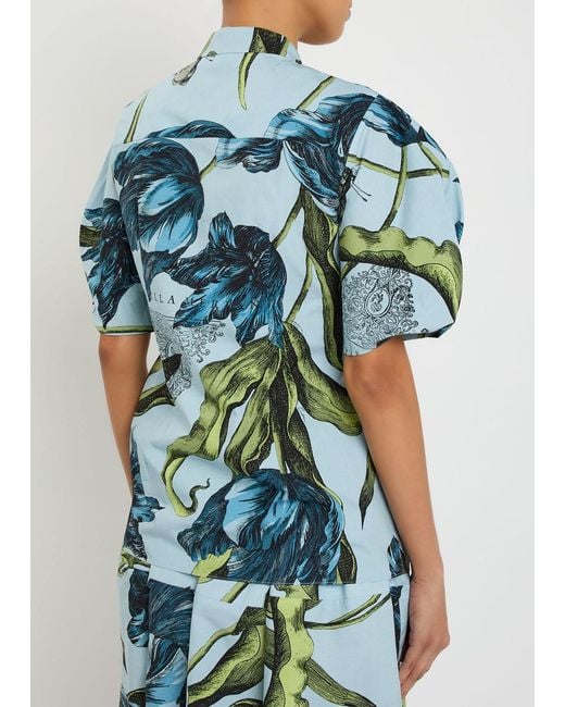 Erdem Blue Printed Cotton-Poplin Blouse