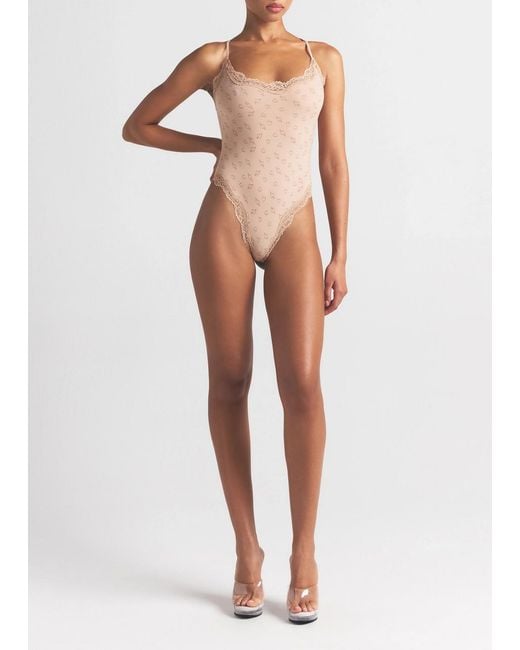 Skims Natural Printed Lace-Trim Stretch-Jersey Bodysuit