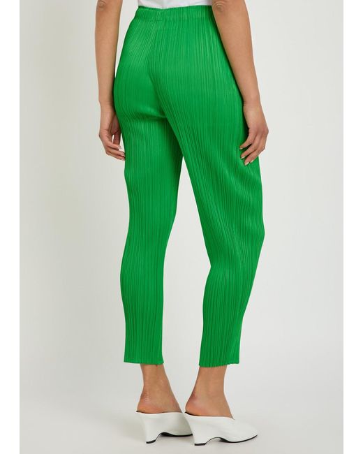 Pleats Please Issey Miyake Green Pleated Tapered-Leg Woven Trousers
