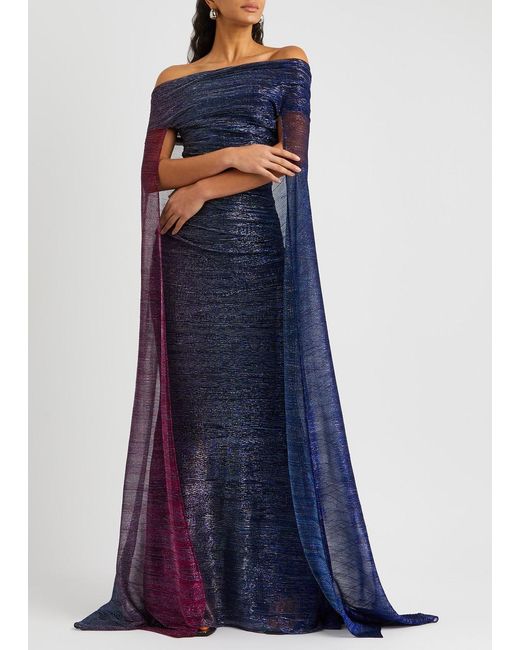Talbot Runhof Blue Cape-effect Metallic-weave Gown